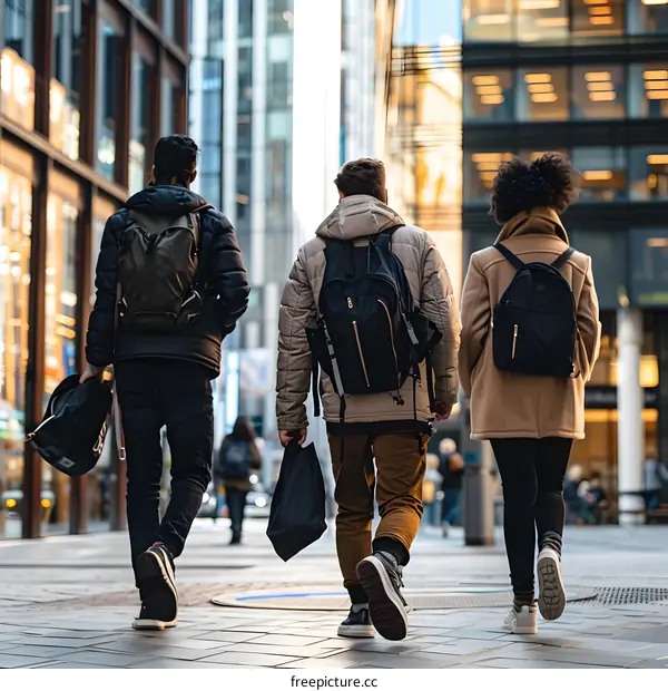 Three People Walking Down A City Street With Backpacks