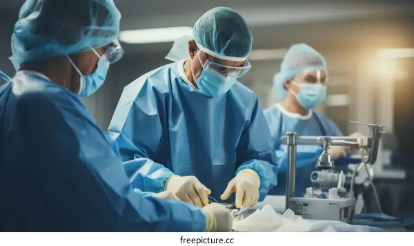 Surgeons performing an operation in a hospital operating room