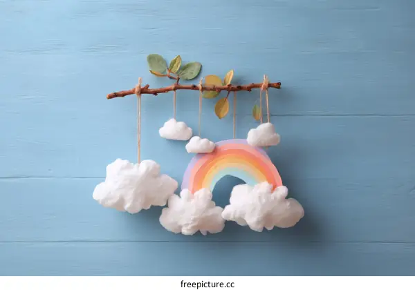 Handmade Rainbow and Clouds Decor on Light Blue Wooden Background