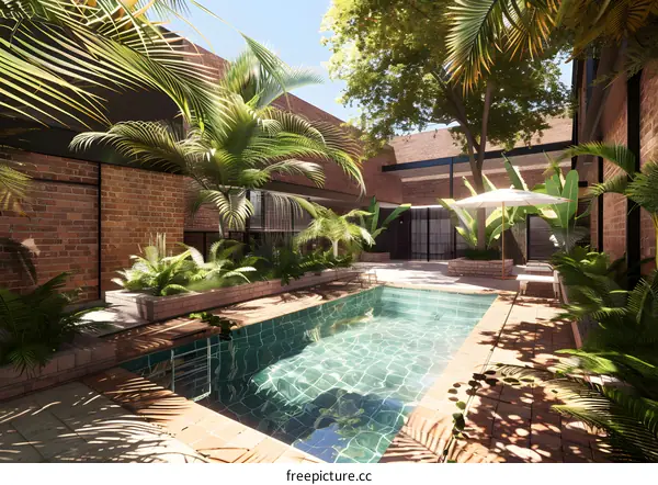 Modern Tropical Courtyard with Swimming Pool and Lush Greenery