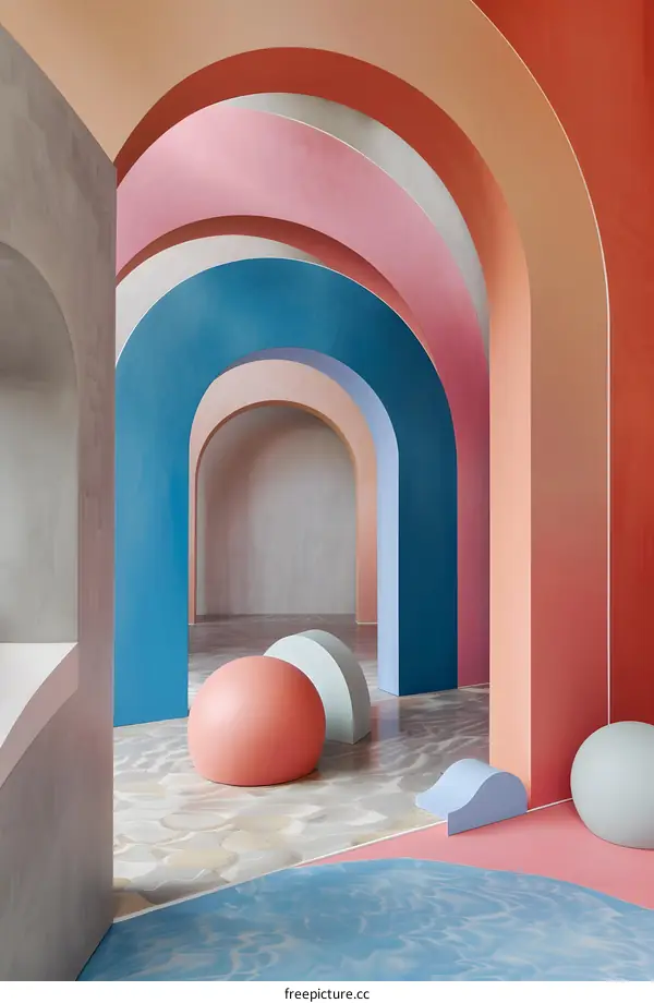 Abstract Art Installation with Colorful Arches and Spheres