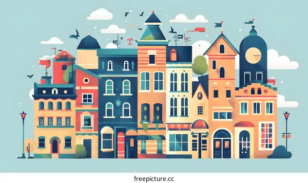 Colorful Illustration of a Small Town