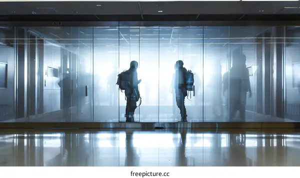 Silhouettes of Two People with Backpacks Standing in Front of Glass Doors