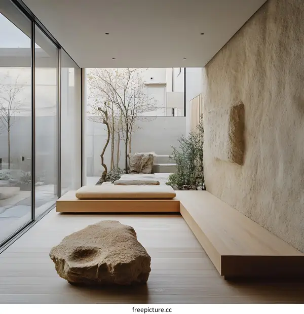 Modern Minimalist Interior Design with a Japanese Garden View