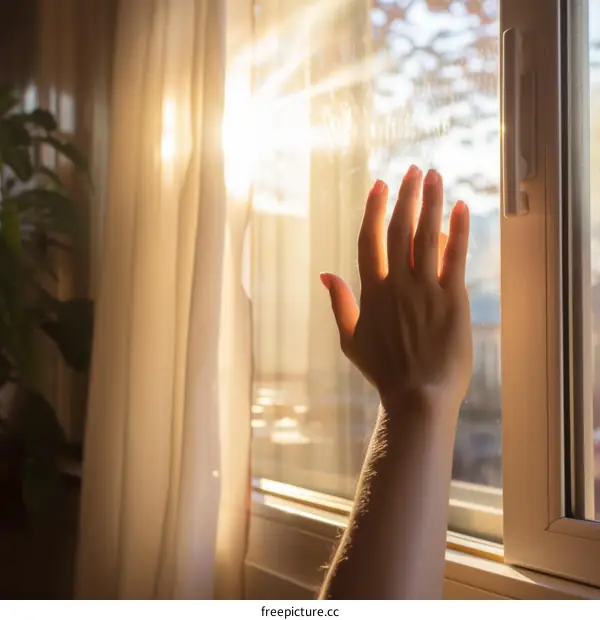 caucasian hand reaching out to touch window