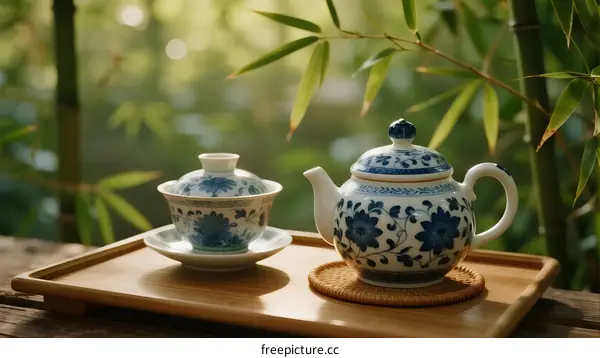 Traditional Chinese Teapot and Cup Set on Bamboo Tray