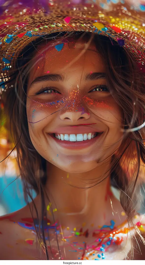 Smiling Woman with Colorful Paint Splatter