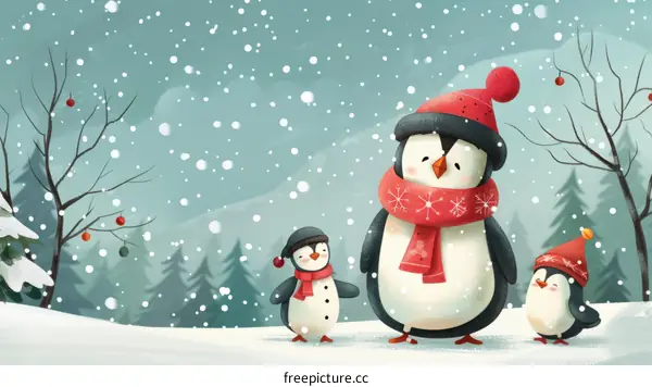 Three Penguins in the Snow