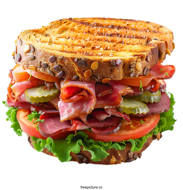 [Transparent Background PNG]A sandwich with ham, tomato, lettuce, and pickles