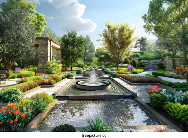 Tranquil Courtyard Garden with Vibrant Floral Display and Elegant Fountain