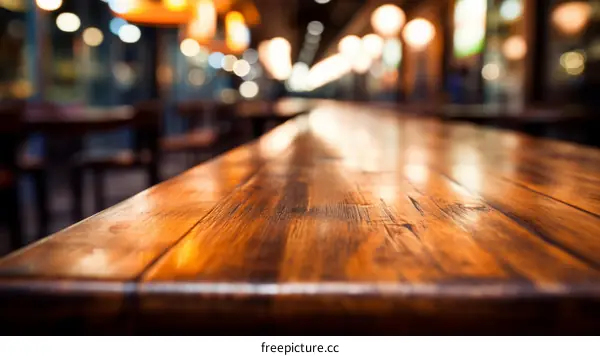 Close-up of an empty wooden table in a restaurant with blurred background