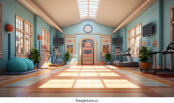 Retro fitness center interior with exercise equipment