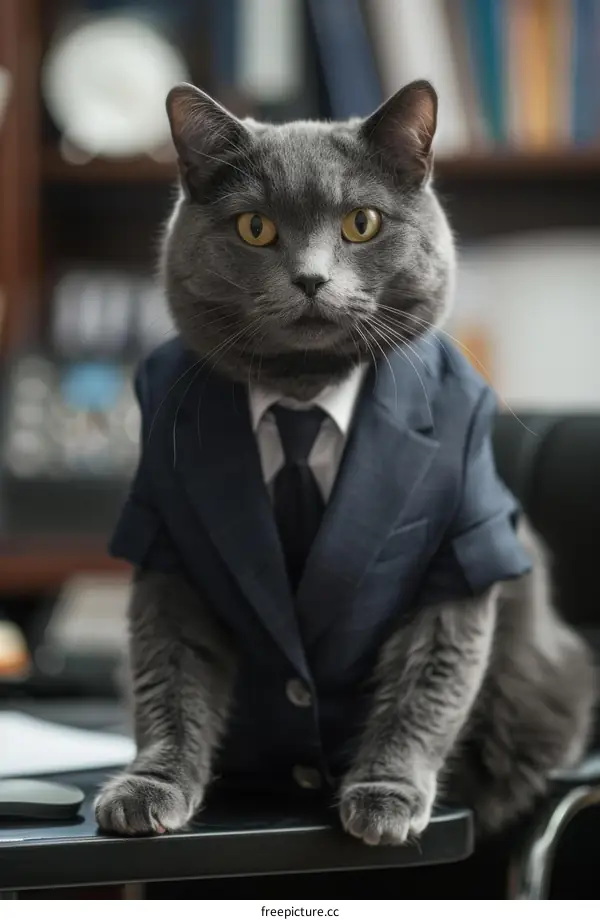 gray cat in a suit jacket and tie sitting on desk