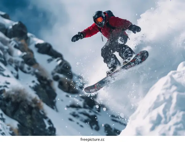 Snowboarder Launching Over Mountain Peak Snow