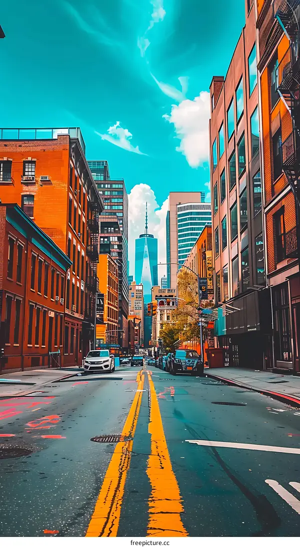 Street View of New York City with the Freedom Tower in the Distance