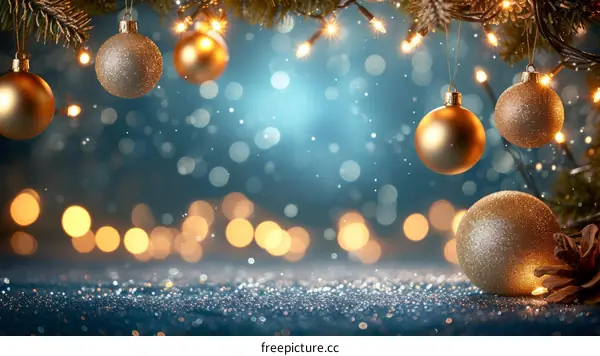 Christmas background with hanging golden balls and blurred lights