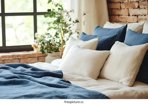 Cozy Bedroom with Blue and Cream Linen Bedding