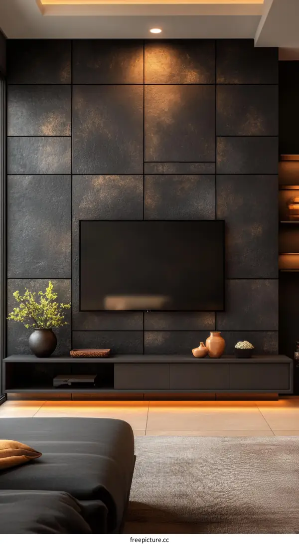 Modern Living Room Interior Design with Dark Wall Tiles