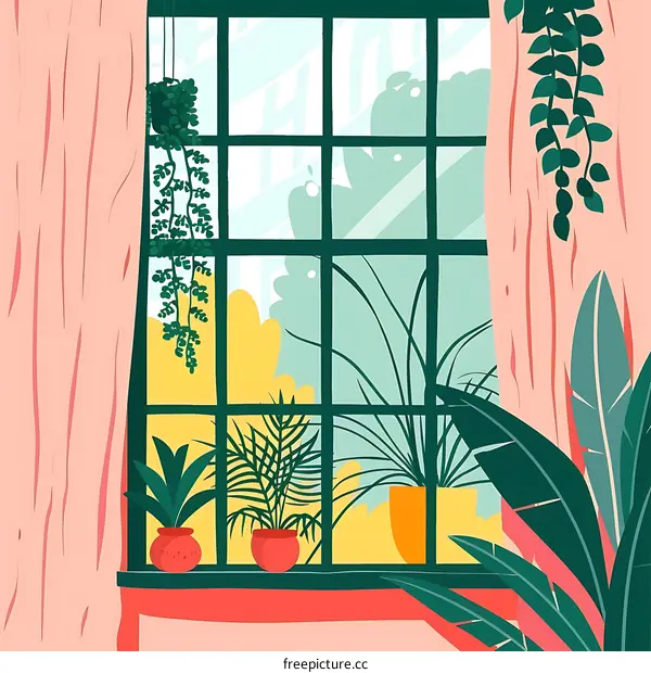 Window View of Green Plants in Pots on Window Sill