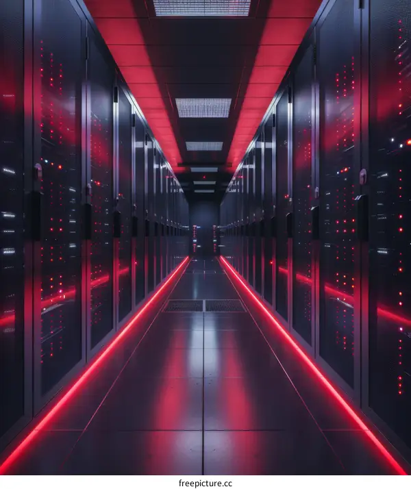 Red Lights Illuminate the Server Room Corridor