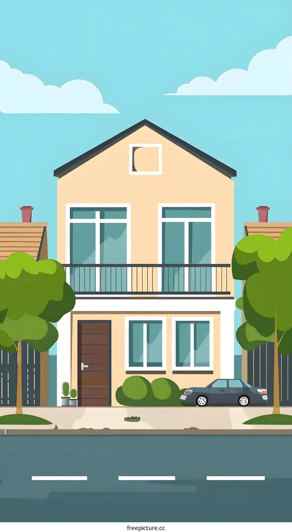 Illustration of a Two-Story House with a Balcony in Front of it