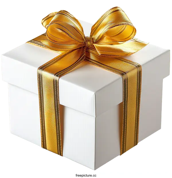 [Transparent Background PNG]White Gift Box with Golden Ribbon