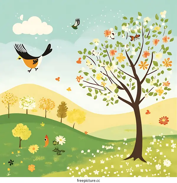 Spring Landscape with Birds and Flowers