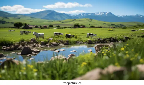Cows grazing in a lush green field near a river on a sunny day with mountains in the distance