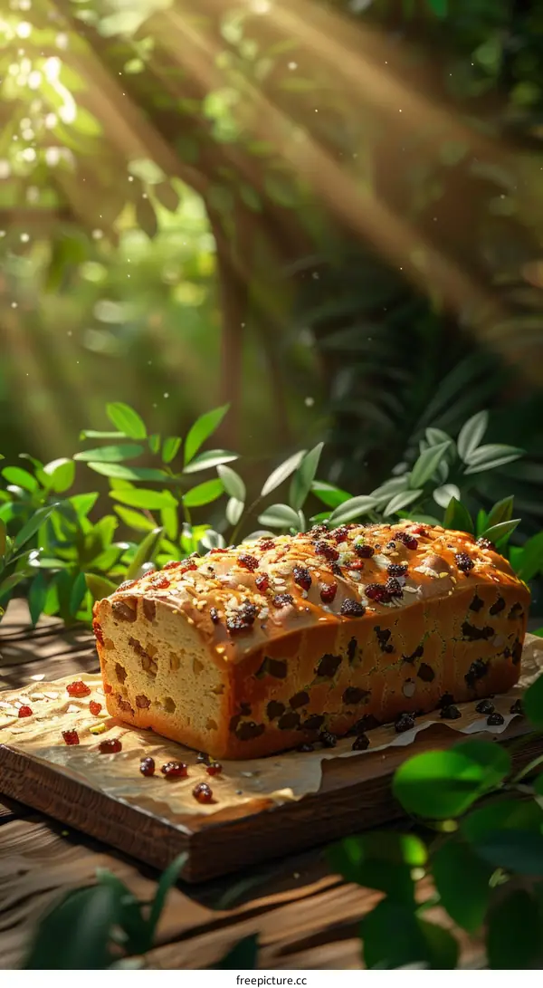 Close-up of a delicious fruitcake on a wooden table surrounded by green leaves