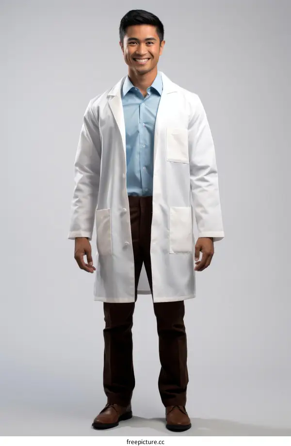 Young Asian male doctor wearing white lab coat
