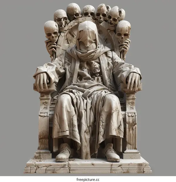 Statue of a hooded figure sitting on a throne of skulls