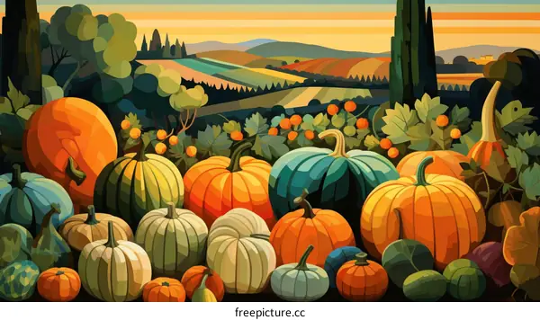 An illustration of pumpkins in a field