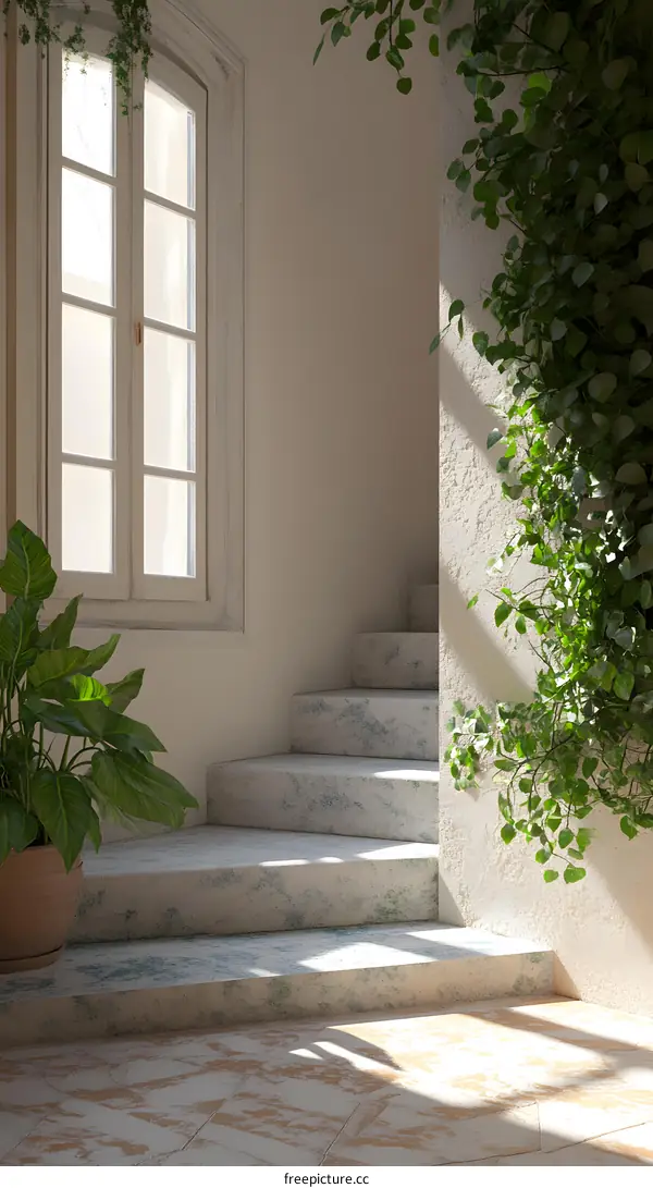 Staircase with White Walls and Green Plants