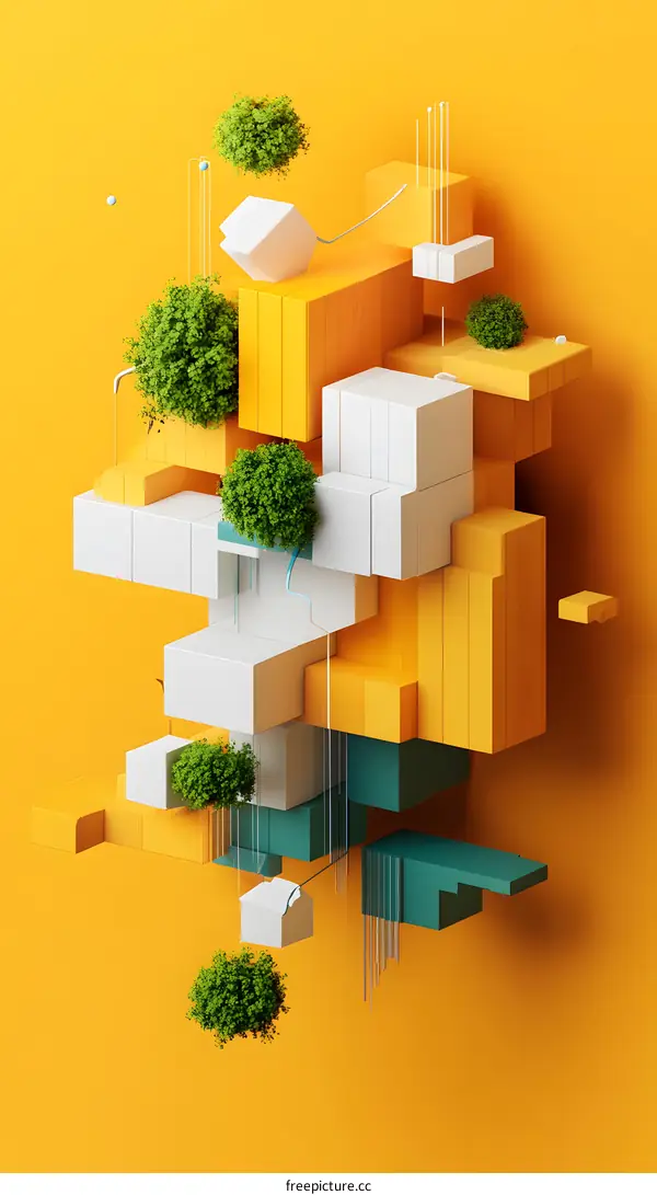 Abstract 3D Illustration of Geometric Shapes with Green Trees