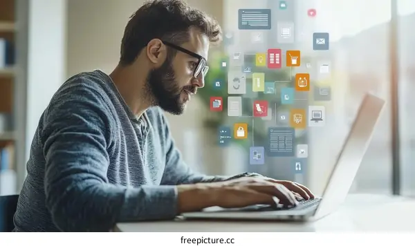 Focused Person Working on Laptop with Digital Interface