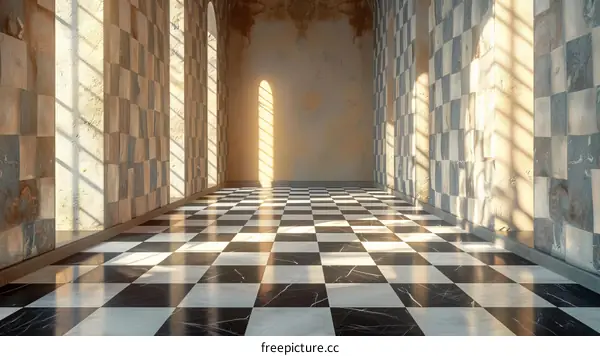 Empty Grand Hall with Checkered Marble Floor and Sunlit Windows