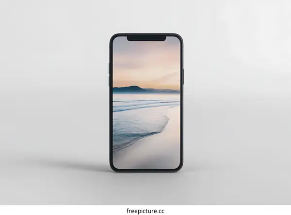 Black Smartphone Mockup with Ocean Beach Wallpaper