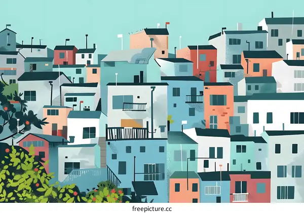 Colorful Illustration of a Hillside Town