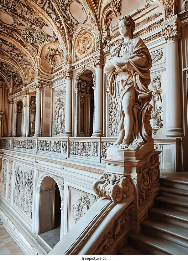Ornate White Marble Staircase and Statue in Historic Palace