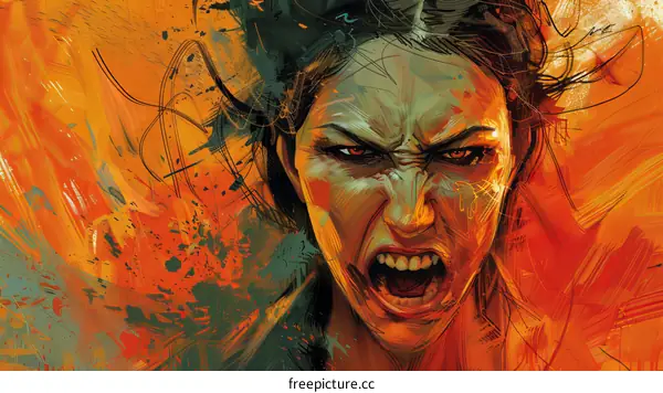 A womans face is contorted in a grimace of rage.