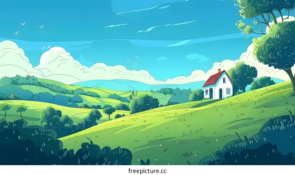 Cartoon Illustration of a Small House on a Hillside
