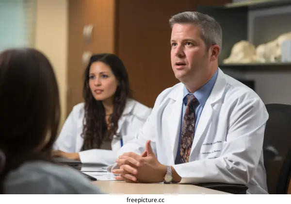 Surgeon talking to a patient and her relative
