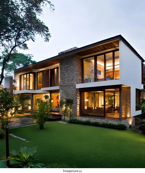 Modern House with Stone Wall and Large Windows