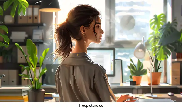 business woman working on computer in home office