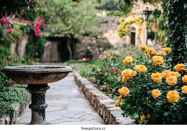 Stone Birdbath in a Garden with Yellow Roses