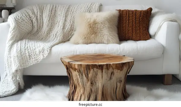 Cozy Living Room with Knitted Throw and Wooden Coffee Table