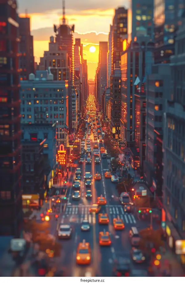 Sunset City Street View with Busy Traffic