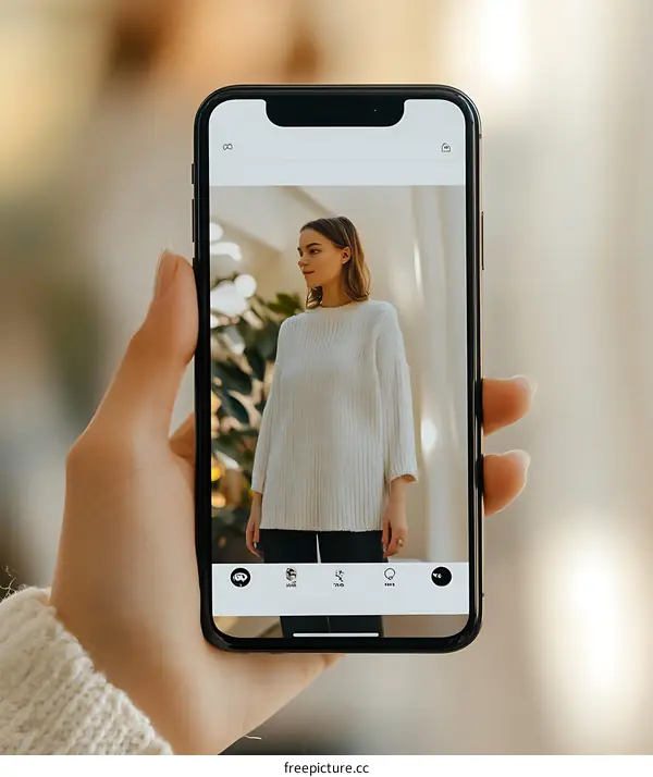 Woman Holding Smartphone with Photo of Woman Wearing White Sweater