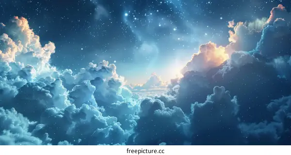 Fantasy cloudscape with bright stars and setting sun