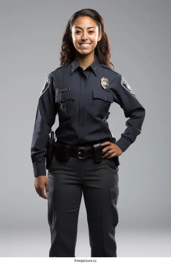 A policewoman in uniform is smiling.